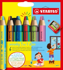 Puuvärikynä 6 kpl + teroitin Stabilo Woody Duo